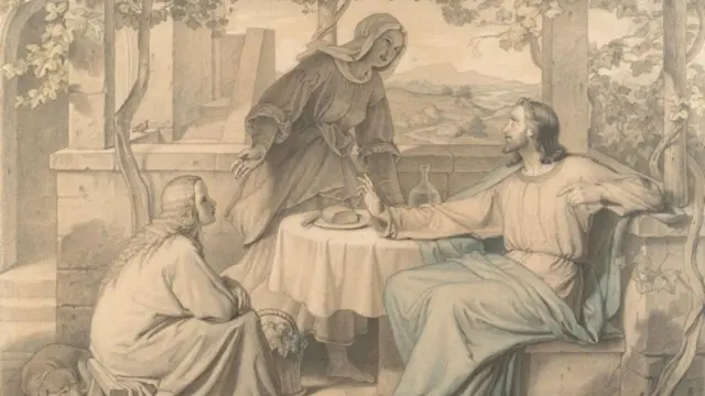 Yesus bersama Marta dan Maria dalam ilustrasi dari Alkitab. Dibuat oleh Carl Peschel pada tahun 1866