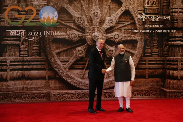 Cumhurbaşkanı Erdoğan ve Hindistan Başbakanı Narendra Modi el sıkışıyor.