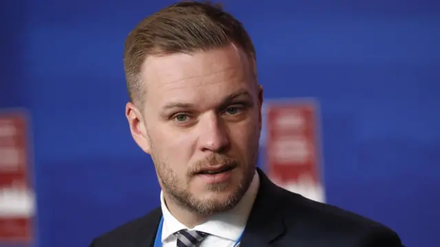 Lithuanian Foreign Minister Gabrielius Landsbergis addresses a doorstep press conference prior to a NATO Foreign Ministers meeting in Riga, Latvia, 30 November 2021