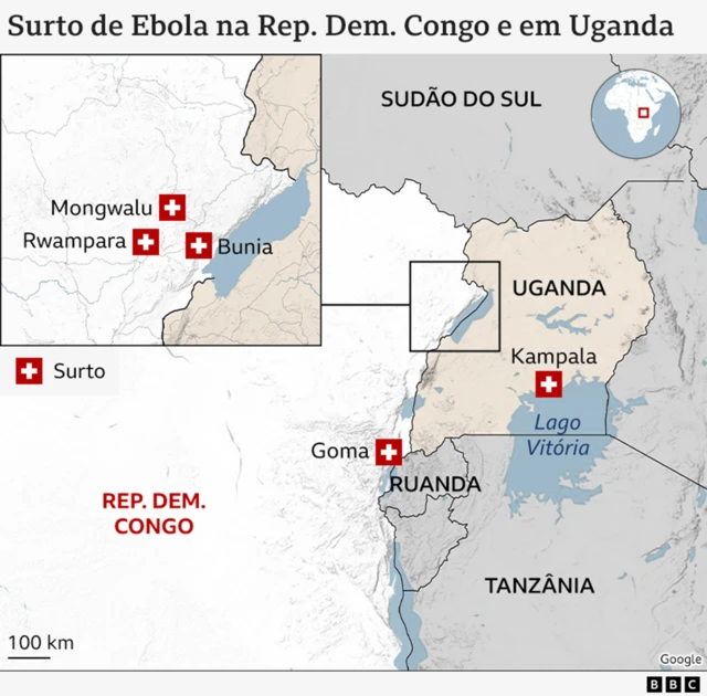 Mapa da região africana atingida pelo atual surto de Ebola