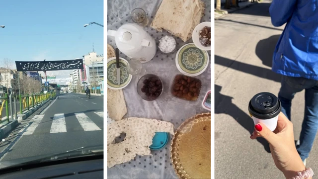 Imagen compuesta por tres imágenes: de una calle vacía, de comida típica en distintos platos y recipientes sobre un mantel en una casa, y de la mano de una joven con un café.