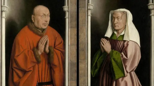 يظهر رسمان للتاجر جوديكوس وقرينته ليسبيث على الجزء الخارجي من العمل وهما يكتسيان برداءين ثرييْن بالألوان