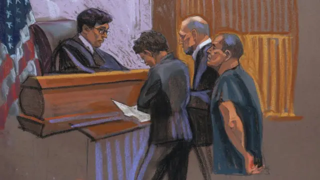 Ilustración de Guzmán compareciendo ante la Corte de Nueva York