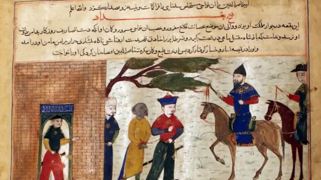 Captured Indian Raja Brought to Sultan Mahmud of Ghazni, Folio from a Majma al-Tavarikh (World Histories), circa 1425. Artist Unknown.