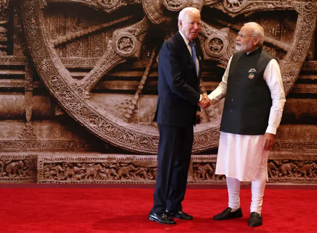 Prime Minister Modi greeting US President Joe Biden at the G20 summit in Delhi 2023
