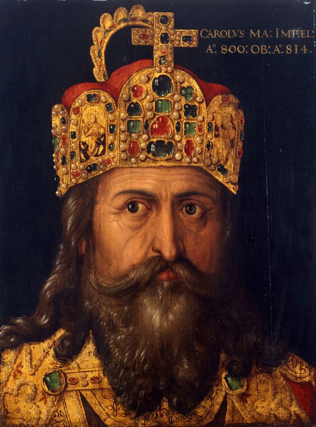 Carlos Magno, 300 anos após a queda de Roma, com sua coroa de imperador do Sacro Império Romano