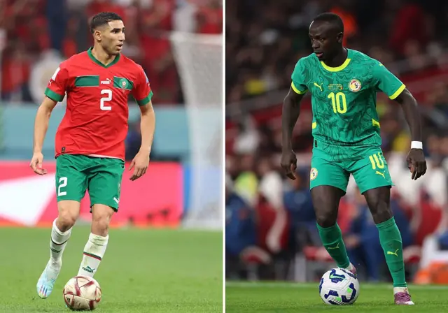 Hakimi and Sadio Mane as dem dey play ball for different fields wey dme come crop dia pictures togeda wit Hakimi as e dey rep Morocco andMane as e dey rep Senegal
