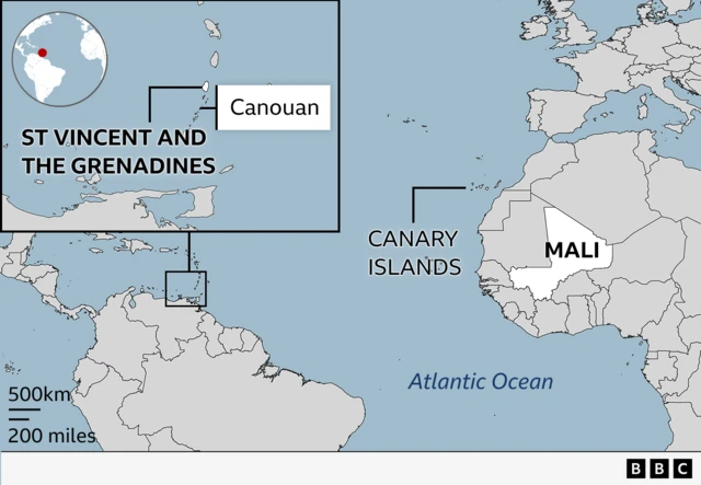 Une carte indique l'emplacement du Mali, des îles Canaries et de Saint-Vincent-et-les-Grenadines.