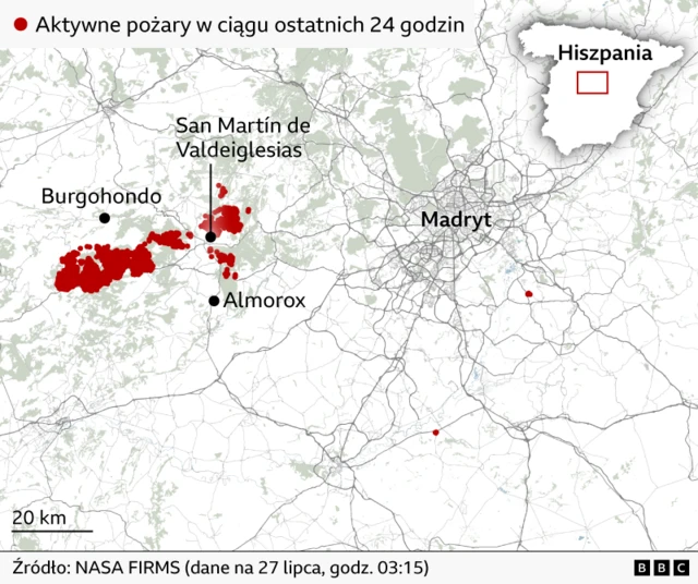 Mapa pokazująca aktywne pożary w Hiszpanii