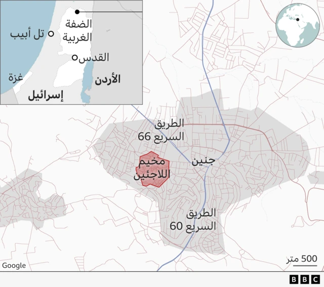 خارطة تظهر الضفة الغربية ومدينة جنين ومخيمها بشكل أقرب