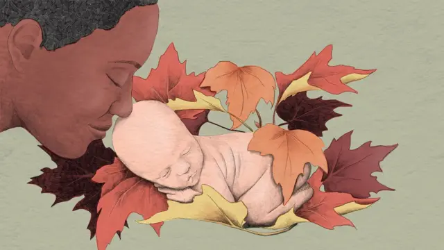 插圖：一位女性輕輕嗅著新生嬰兒，嬰兒安睡在楓葉床上，畫面象徵楓糖尿症的特徵氣味會在出生後即被察覺。