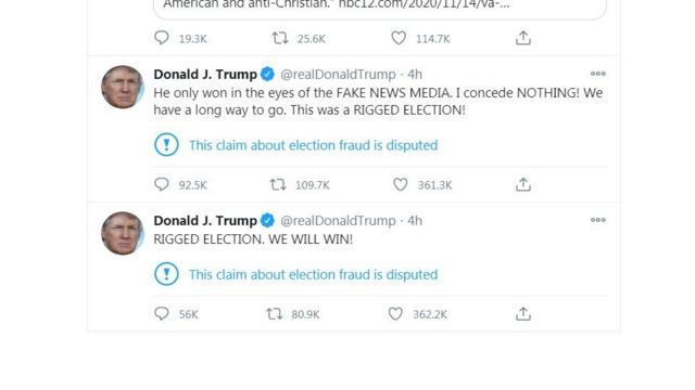 特朗普在发推特说“他（拜登）赢了，因为选举舞弊”,“他只是在报道假新闻的媒体眼里赢了。我没有认输。”