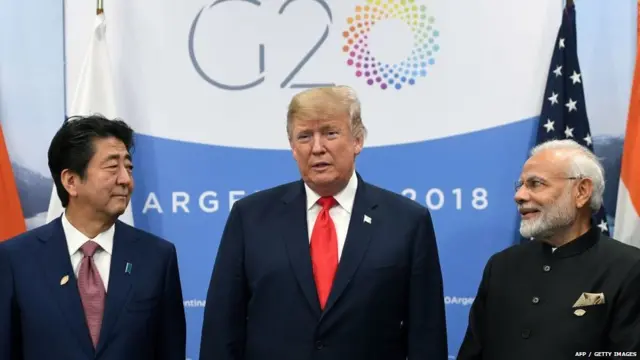 जपानचे पंतपधान शिंझो आबे, अमेरिकेचे डोनाल्ड ट्रंप आणि भारताचे पंतप्रधान नरेंद्र मोदी