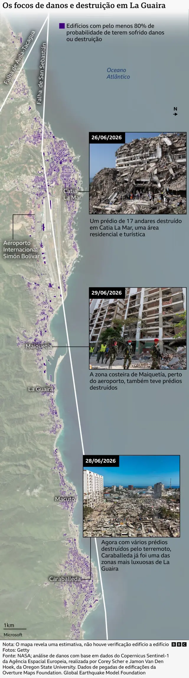 Mapa que mostra as áreas mais afetadas em La Guaira, como Catia La Mar e Caraballeda.