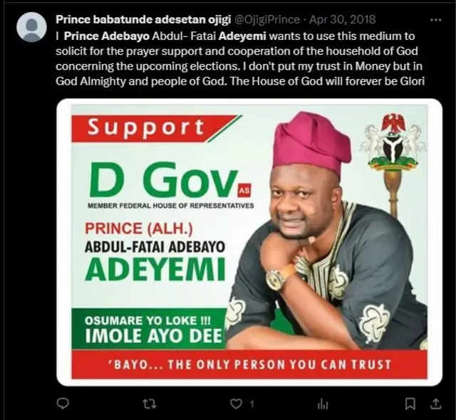 Aworan ipolongo ti Adebayọ Adeyẹmi ṣe lasiko to n dije fun ibo.