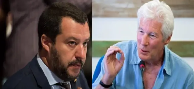 الممثل ريتشارد غير (يمين) ووزير الداخلية الإيطالي ماتيو سالفيني (يسار)