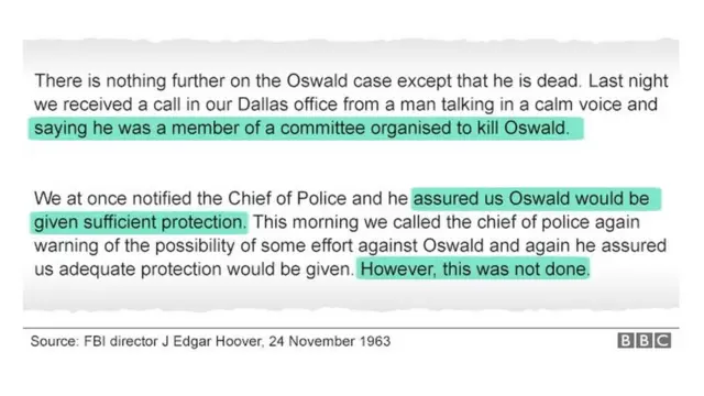 این یادداشت رئیس وقت اف‌بی‌آی جی. ادگار هوور است که تاریخ ۲۴ نوامبر ۱۹۶۳ یعنی روزی که لی هاروی اسوالد ترور شد را بر خود دارد