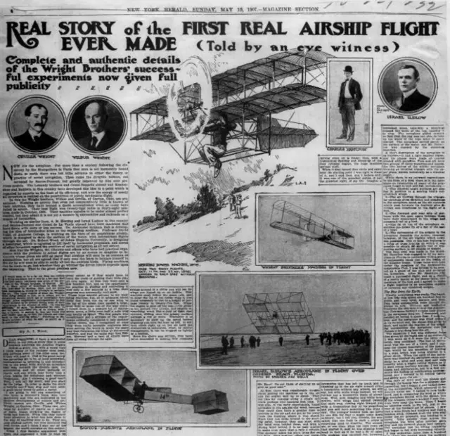 Recorte de jornal com notícia sobre voo dos irmãos Wright