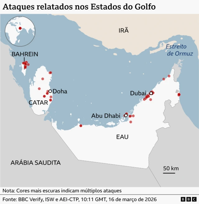 Mapa da BBC mostra os ataques registrados aos países do Golfo durante a guerra dos Estados Unidos e Israel contra o Irã, atualizado em 16 de março de 2026