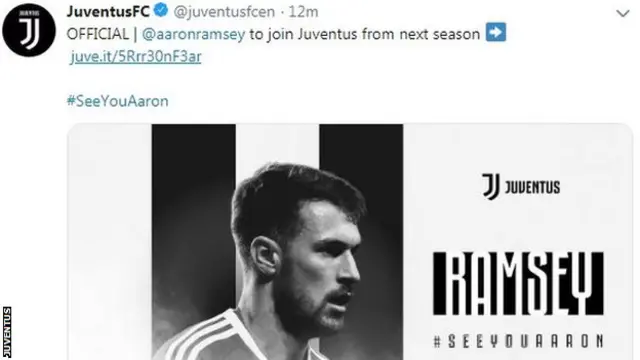 Juventus wamemkaribisha rasmi Ramsey katika mitandao yao ya kijamii