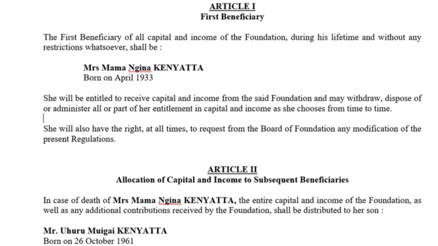 Document grab showing president Kenyatta is listed as inheritor of a secret foundation
