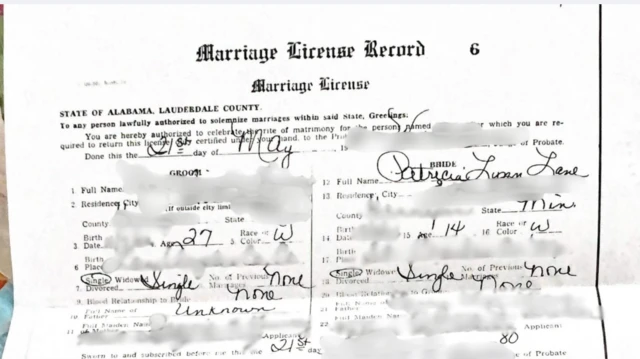 Marriage certificate of Patricia Lane.
