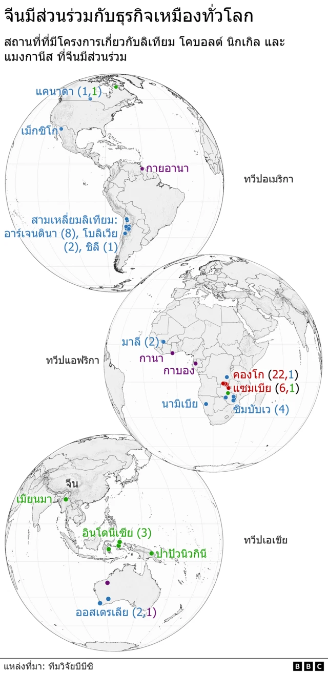 World maps showing lithium, cobalt, manganese and nickel mining projects in which China has a stake