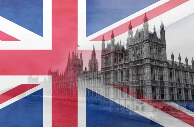 Bandeira britânica sobreposta ao prédio do Parlamento