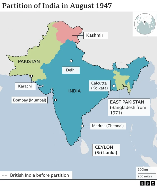 Map of India afta partition, show British India divide into India and Pakistan, wit East Pakistan becoming Bangladesh for 1971 