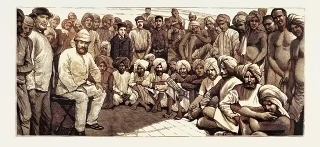 गुयाना के डेमेरारा में पहुंचे पूर्वी भारत के प्रवासी. यह पेंटिंग 1884 की है.