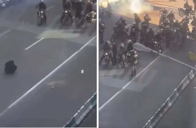 دو اسکرین‌شات از ویدیوی مردی که وسط خیابان مقابل نیروهای یگان ویژه نسته است