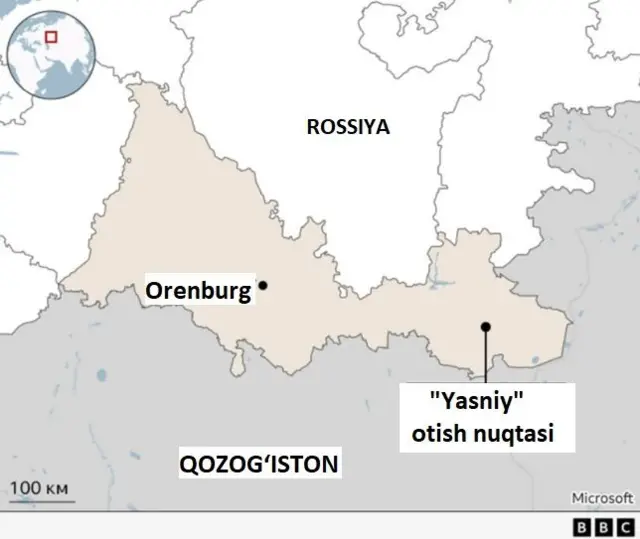 Rossiya va Qozog‘iston hududi xaritasi va unda ko‘rsatilgan "Yasniy" raketa otish bazasi