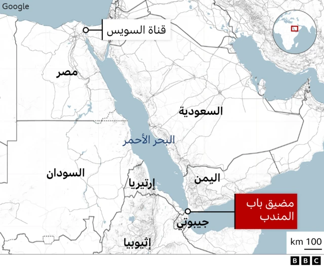 خريطة لمضيق باب المندب إلى قناة السويس
