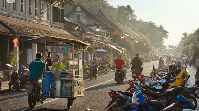 오토바이와 노점이 줄지어선 거리 위 몇 몇 사람들이 오토바이를 타고 거리를 지나간다. 