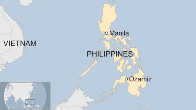 Map shows the location of the city of Ozamiz on the Philippine island of Mindanao