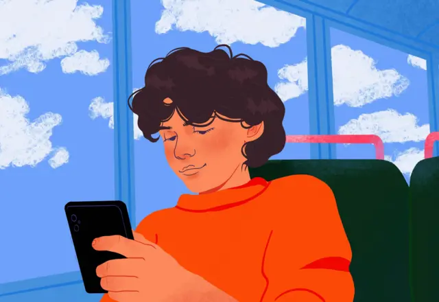 Male commuter using smart phone on bus - stock illustration