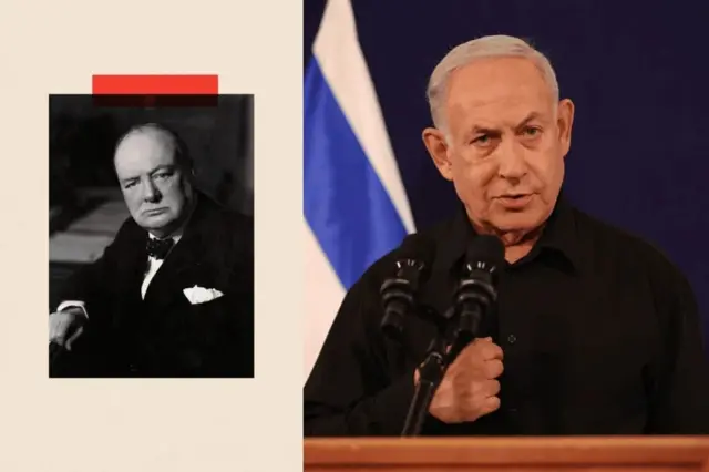 Cherchil va Netanyahu rasmi kollaj qilingan
