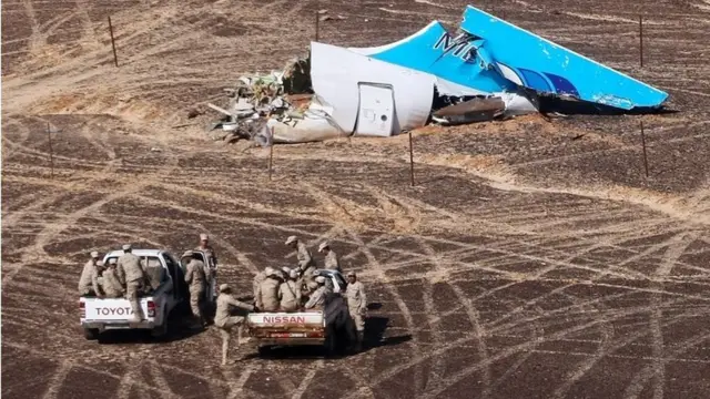 The wreckage of an A321 Russian airliner in Wadi al-Zolomat, a mountainous area of Egypt's Sinai Peninsula