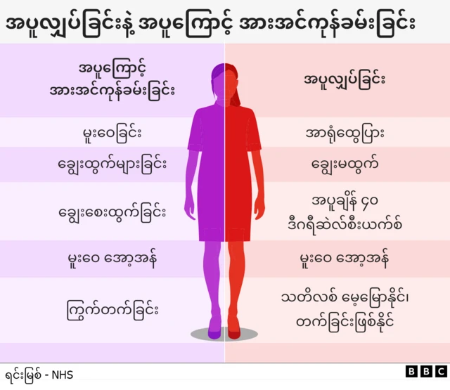 အပူရှပ်ခြင်းနဲ့ အပူကြောင့် အားအင်ကုန်ခမ်းခြင်းကို သက်လတ်ပိုင်းအမျိုးသမီး တစ်ဉီးရဲ့ကောက်ကြောင်းမှာ ဘယ်ဘက်မှာ ခရမ်းရောင်နဲ့ ညာဘက်မှာ အနီရောင်နဲ့ ပြသထားတဲ့ လက္ခာ သရုပ်ဖော်ပုံ