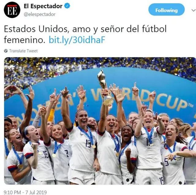 Captura de pantalla del tuit del diario El Espectador.