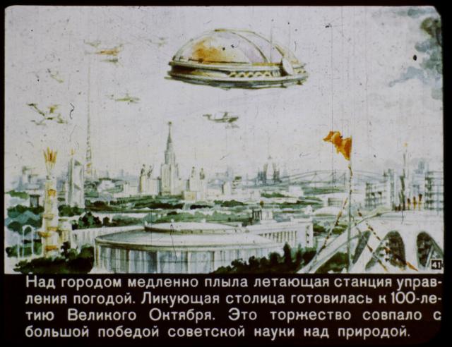 Diapositiva que muestra a una estación meteorológica voladora sobre una Moscú futurista.