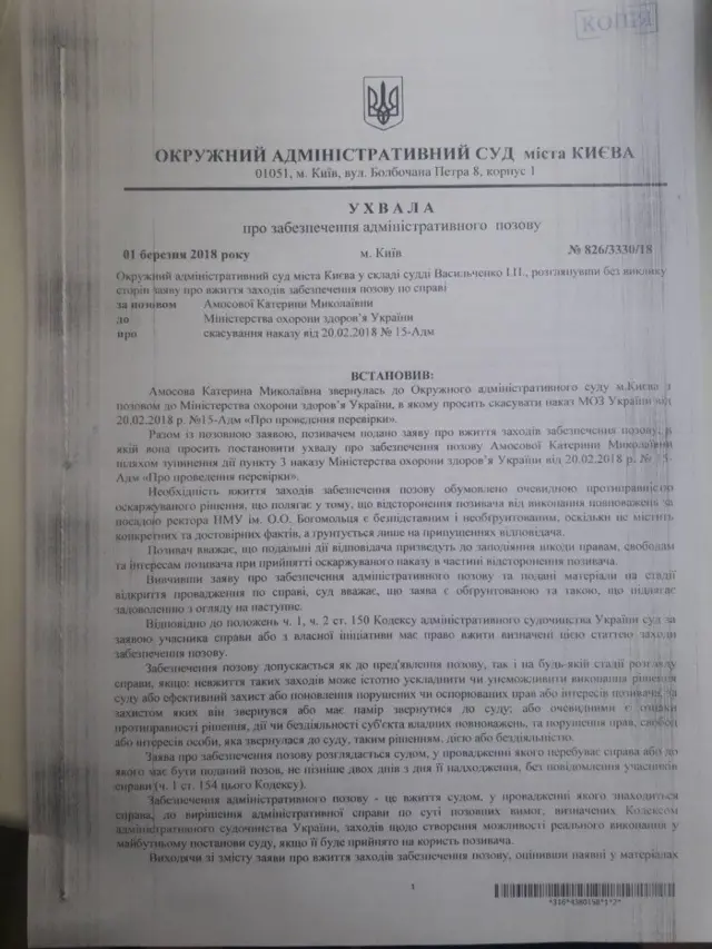 Рішення адміністративного суду про поновлення на посаді Катерини Амосової