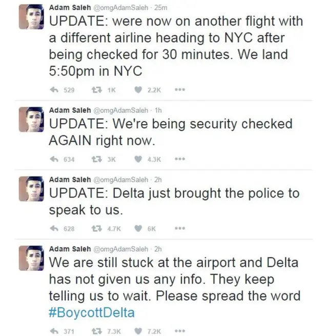 Adam's tweets: Stuck at the airport and Delta has not given us any info. They keep telling us to wait. Please spread the word #BoycottDelta - Delta just brought the police to speak to us - We're being security checked again right now - We're now on another flight with a different airlines heading to NYC