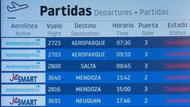 A flight schedule showing cancelled flights in Argentina