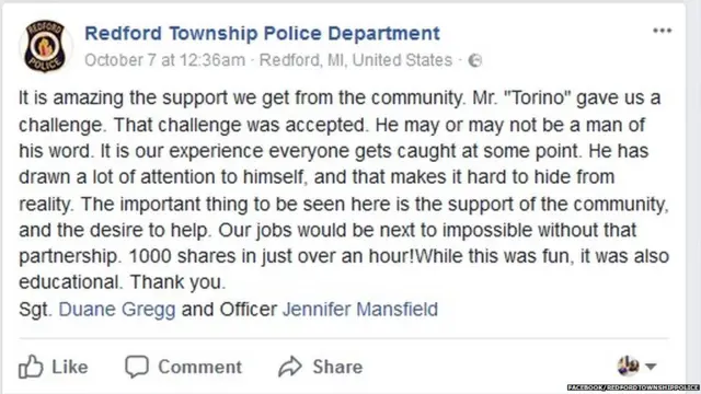 Unggahan Facebook dari polisi Redford Township.