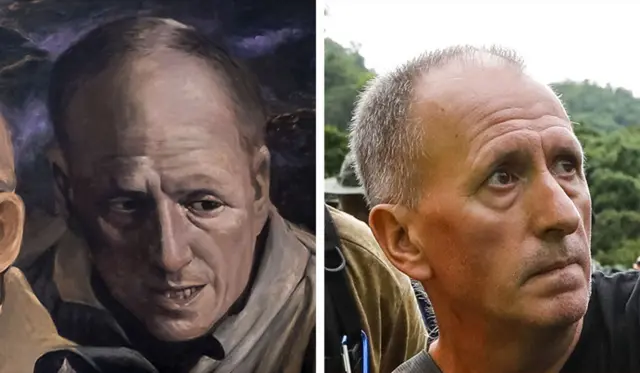 ภาพวาดของ เวอร์นอน อันส์เวิร์ธ ด้านซ้าย และภาพถ่ายของเขาด้านขวา