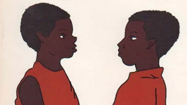 Ilustración de portada de Ricardo Wilkins para "Conociéndonos a nosotros mismos" (Bogle L'Ouverture, 1972), de Phyllis y Bernard Coard. Muestra a una niña y un niño de pie, uno frente al otro; la niña lleva una túnica roja sin mangas y el niño una camiseta roja.