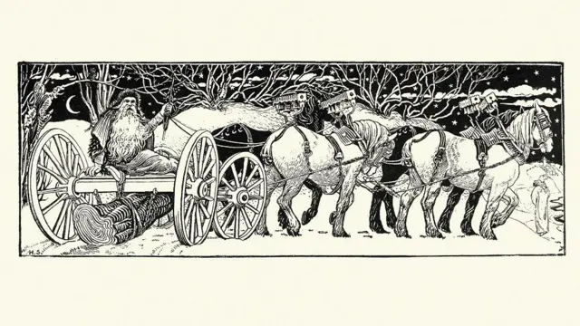 Vintažna gravura (1800-te) Deda Mraza i badnjaka