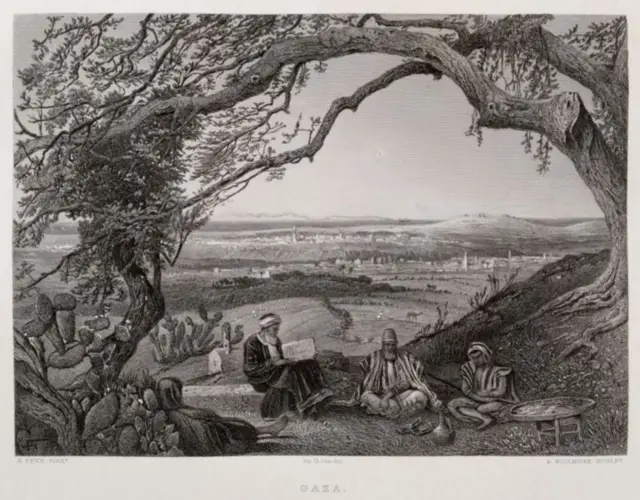 1875లో విక్టోర్ గోరిన్ వేసిన పెయిటింగ్, వెనుకాల గాజా నగరం