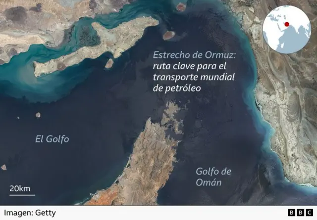 Mapa que muestra el golfo Pérsico (el Golfo), el estrecho de Ormuz y el golfo de Omán, con un círculo en la esquina que indica la ubicación de esta zona a nivel regional, señalada con un punto rojo